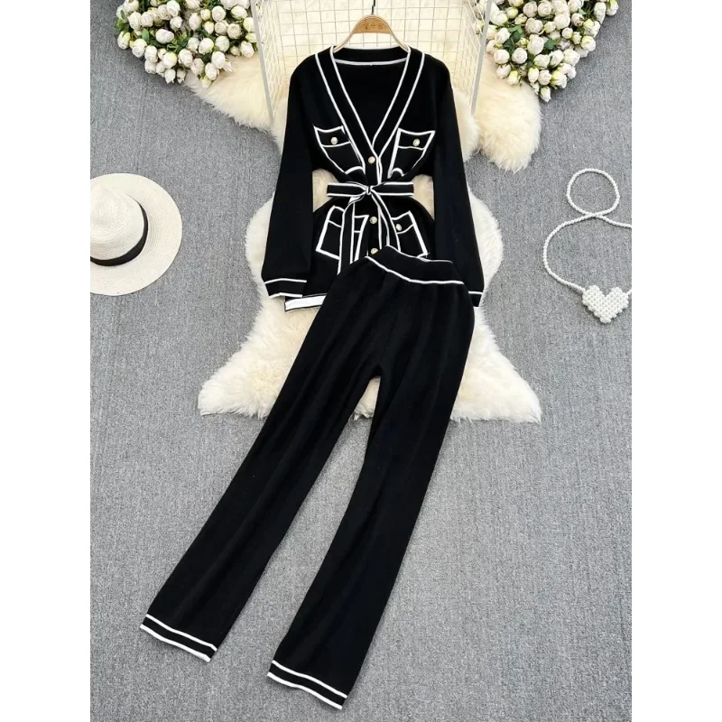 Fashion Women's Suits Autumn Long-Sleeve Lace-Up Waist V-Neck Knitted Cardigan Coat+ Wide-Leg Pants Knit Two Piec Set N242