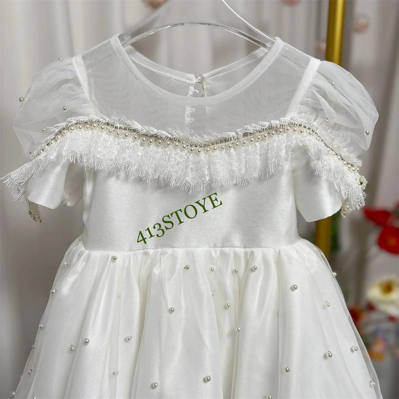 CustomizedElegant White Beaded Girl Dress with Pearls Baby Kids Princess Birthday Wedding Party Children Holiday Ball Gown