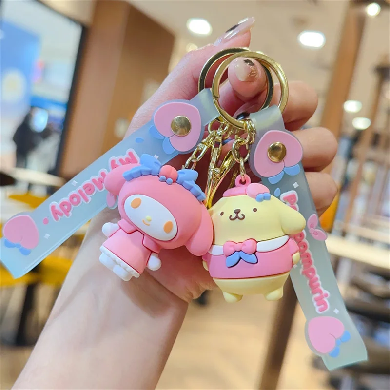 Kawaii Sanrio Hello Kitty Kuromi Keychain My Melody Pompom Purin Pendant Keyring Anime Children Toys Keychains Christmas Gifts