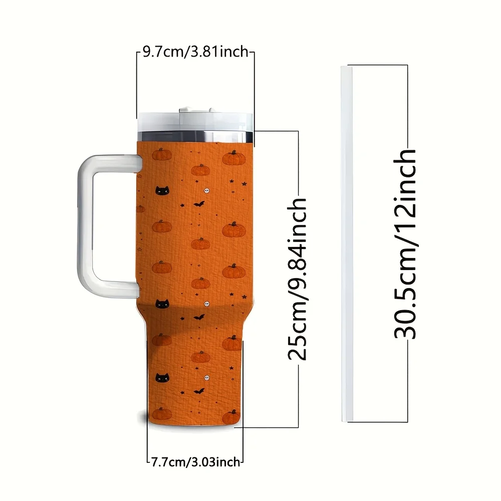 1ps Halloween and Christmas 40oz Insulated Stainless Steel Tumbler with Handle and Straw, Cute Spooky Pumpkin Black Cat Pattern Reusable Water Cup for Home Office Outdoor Travel Party Daily Use