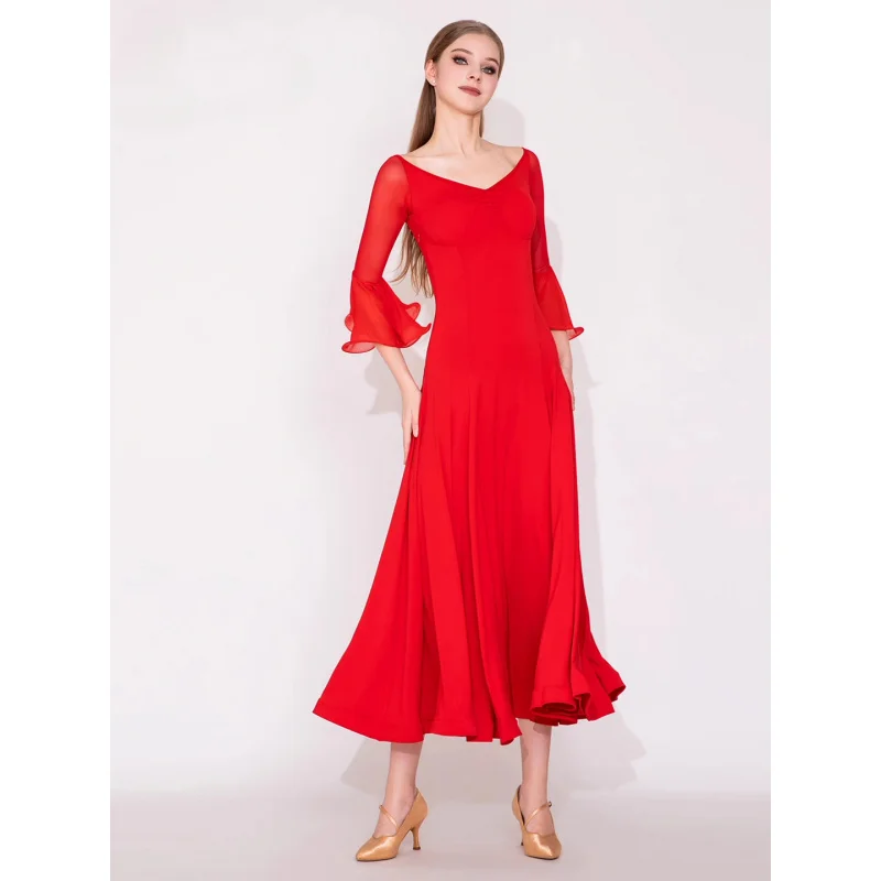 Nuevo vestido de baile latino de media manga con volantes y cuello en V para mujer, Ropa de baile de salón de vals moderna, traje de práctica de actuación MY936