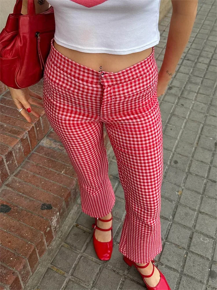 Women Y2K Plaid Pants High Waist Trousers Spring Summer Fashion Casual Sweatpants Slim Fit Slightly Flare Pants