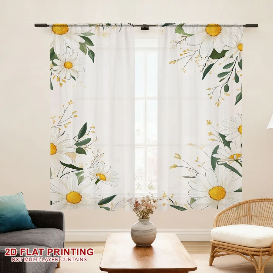 2PCS Digital Printed Sheer Curtain, Daisy Floral Border Print, Charming Vintage Rustic for Living Room Bedroom Home Decor - view 6