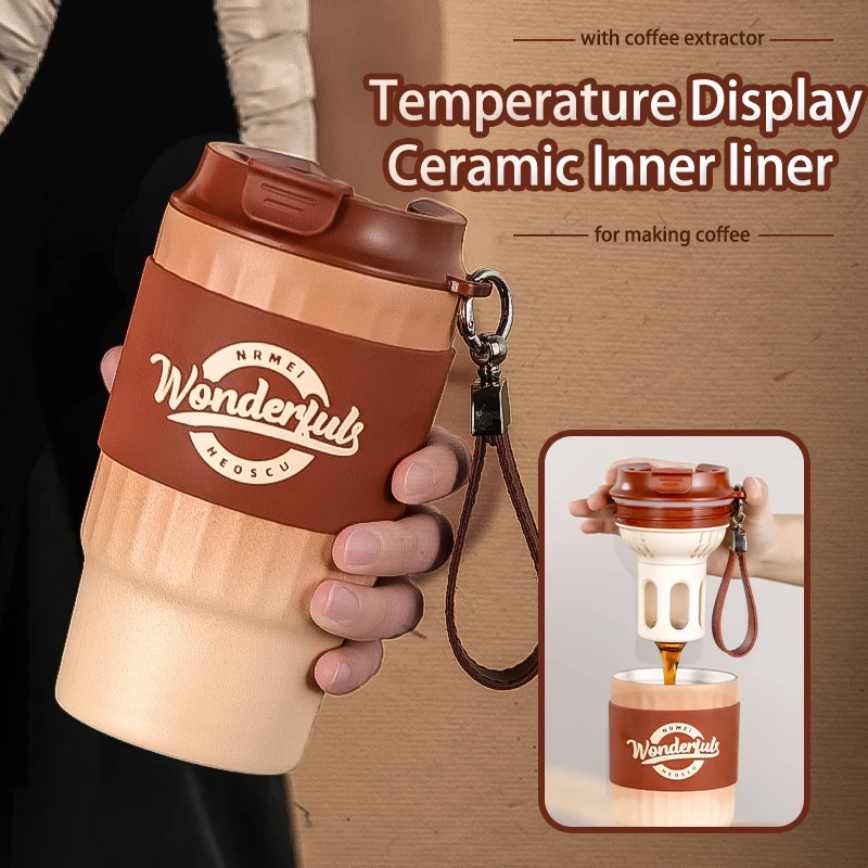 

Temperature Display Coffee Mugs with Extractor Outdoor Portable Stainless Steel Coffee Cups Leak-proof Insulated Coffee Bottles