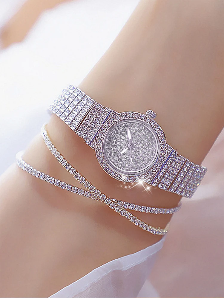 3pcs All Diamond Fashion Diamond Inlaid Women\'s Watch Quartz Watch Bracelet Style Watch with Bracelet Set