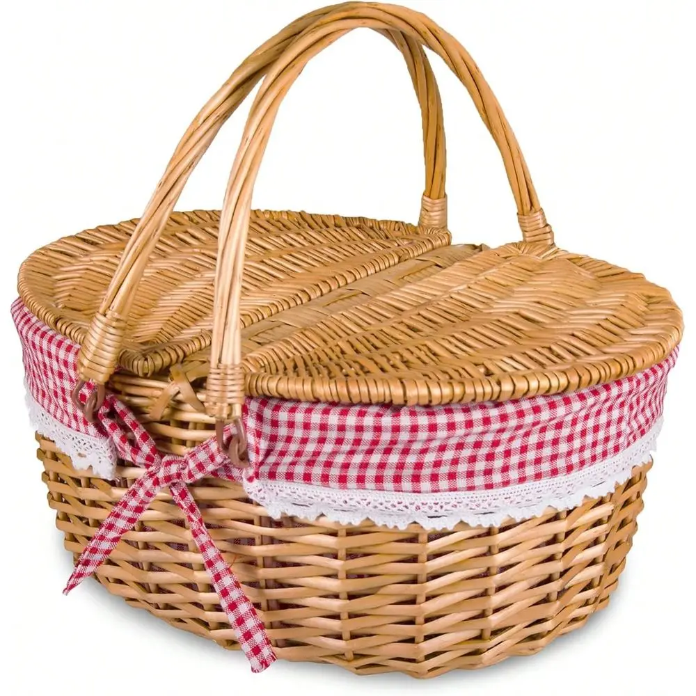 

Picnic Basket With Lid And Handle Sturdy Woven Body With Washable Plaids Liner,Red,23948670