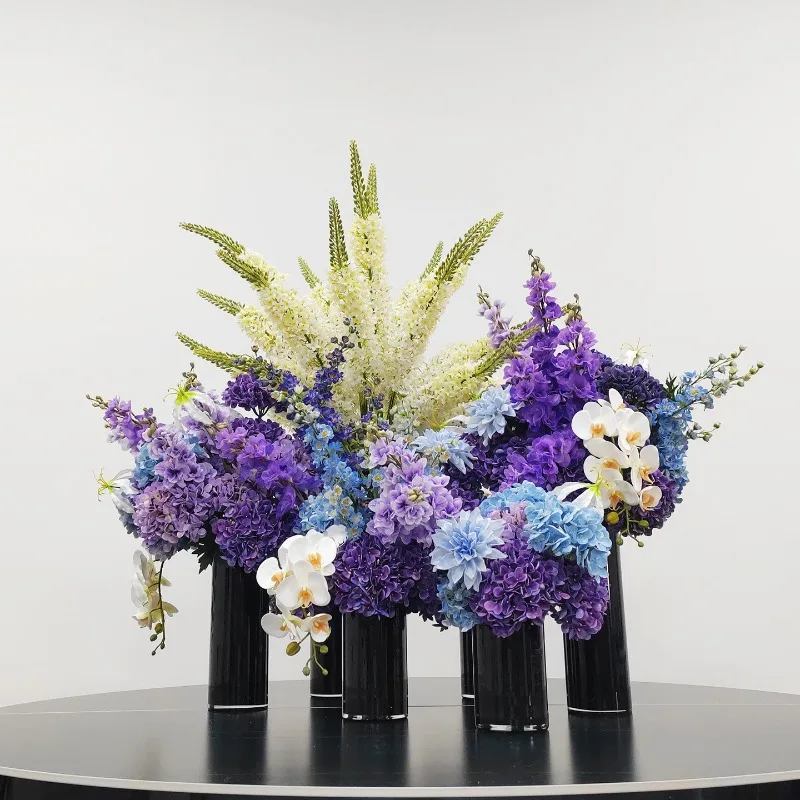 Modern hotel lobby purple simulated flower set ornament hall atrium round table top large flower decoration fake flower