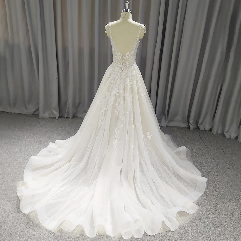 Wedding Dress A-Line Light Tulle Lace Applique Deep V Neck Bridal Gown Custom Size