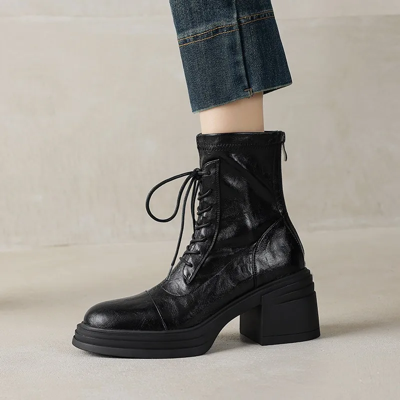 Vintage Warm Little Platform Chunky Heel Stretch Skinny Boots Fashion Lace-Up Pump