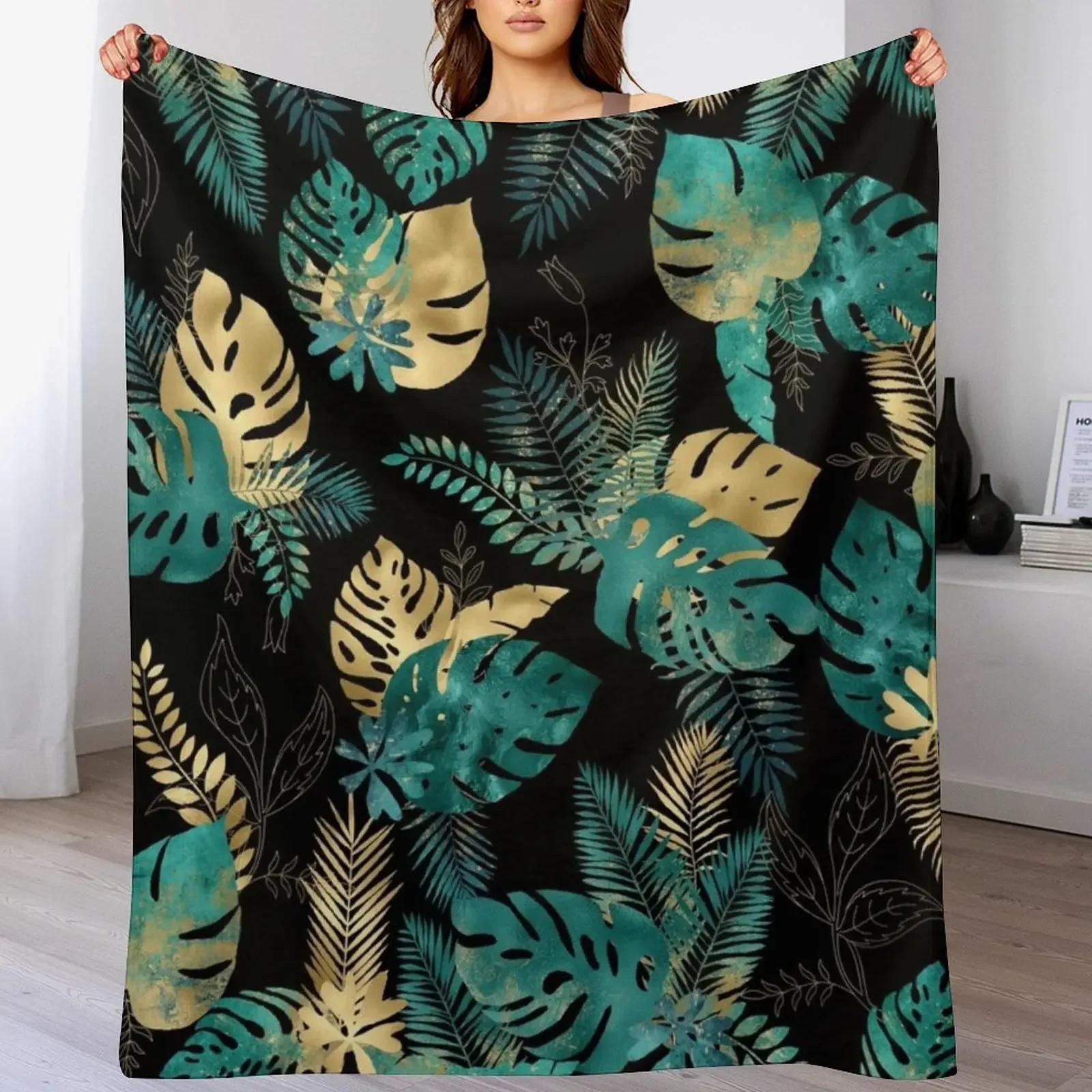 

Teal and Gold foil leaves, bright and lush foliage pattern, large teal and gold tropical leaves Throw Blanket