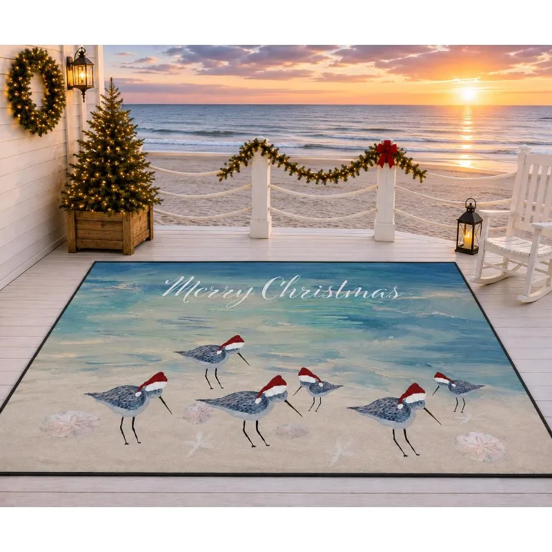 Christmas Santa Claus Snowflake Doormat Blue Background Winter Xmas Print Indoor Floor Rug Carpet for Porch Hallway Decor