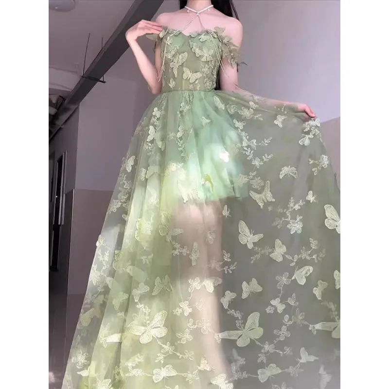 Sukienki damskie na wesele, bal, urodziny, nowa kolekcja wiosna-lato 2025, streetwear, zielona, długa, luksusowa, wieczorowa, haft motyl, sukienki balowe.