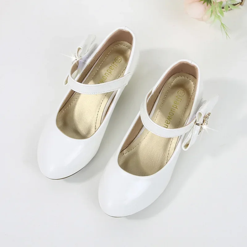 Girl Pu Leather Shoes Fashion Classic Bow Children Party Performance Dance Shoes Kids Princess High Heels New Girls Dress Shoe