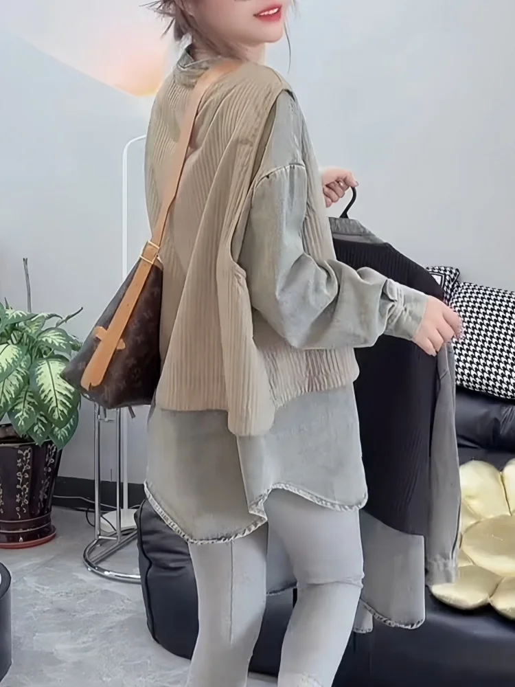 ゆったりフィットデニムシャツジャケット レディース 秋ファッションセット カジュアル ハイウエスト ラウンドネック ボタン留め 通気性 ミッドシル