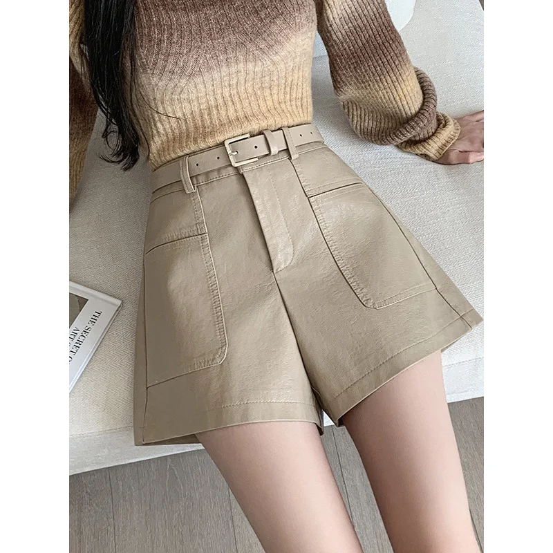 

puLeather Shorts Women2024Autumn and Winter NewaWide-Leg Pants High Waist Casual Pants Loose Pants Outer Wear Boots Pants