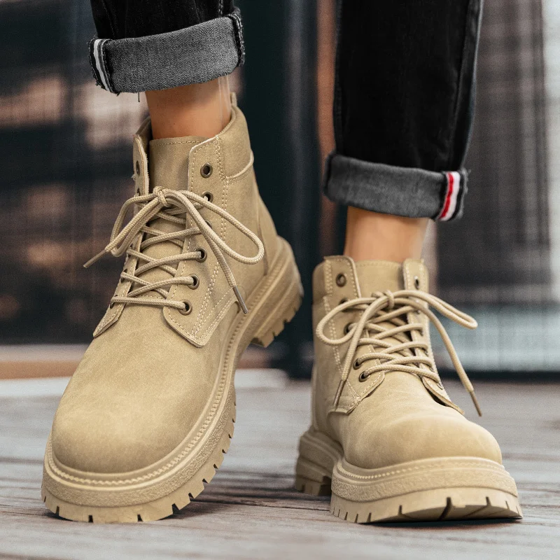 Autumn Stylish Ankle Boots for Men British Style Khaki Men's Tooling Boots High top Lace-up Working Shoes for Men Outdoor Boot