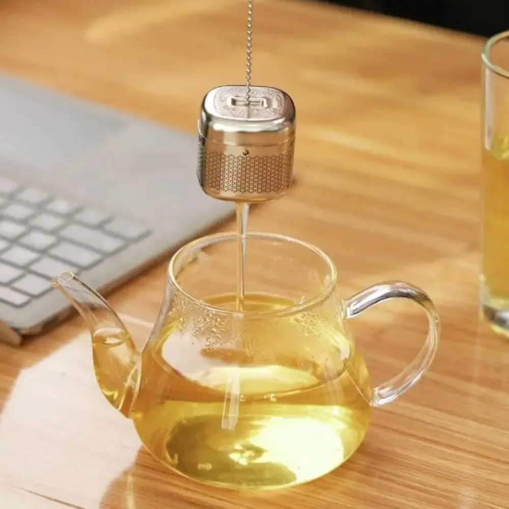 2 Set Teaware Stainless Steel Square Tea Infuser Ball Fine Mesh Tea Filter with Tray Chain Design Tea Strainer Cooking