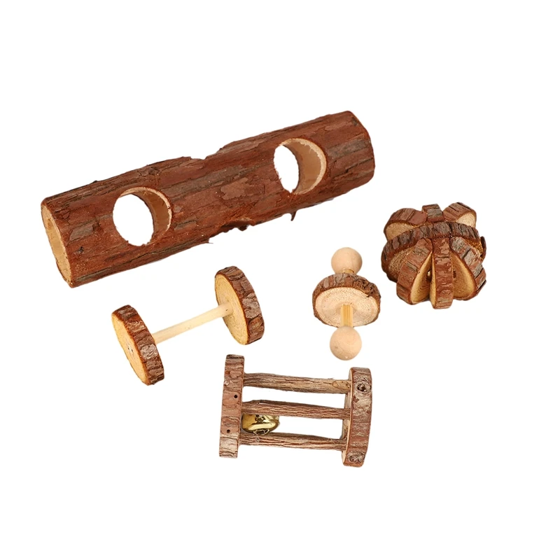 5 Pcs Natural Wooden Playing Chewing Toys For Small Animal Hamster Gerbil Mouse - Tunnel, Ball, Bell Roller, Dumbbell, Unicycle