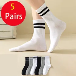 Solid Striped Black White Socks For Woman Street Hip Hop Skateboard Striped Mid Tube Socks Breathable Sports Racing Cycling Sox