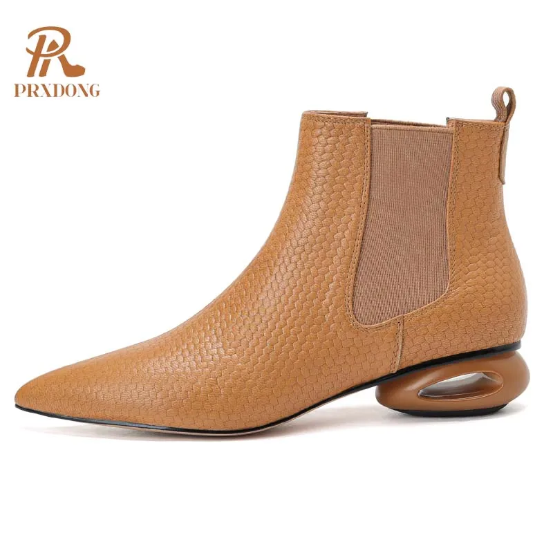 PRXDONG 2024 New Fashion Women ANkle Boots Med Heels Pointed Toe Genuine Leather Black Apricot Dress Party Casual Lady Shoes 39