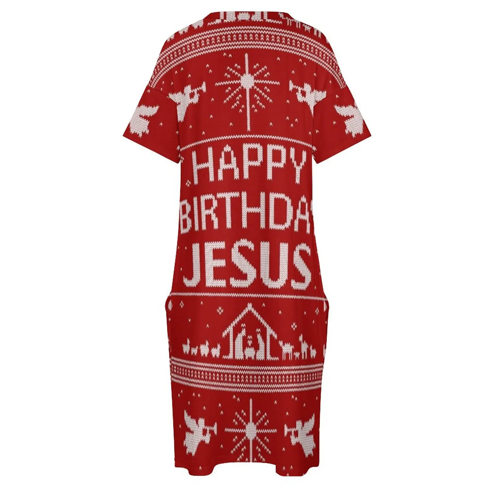 Vestido de bolso solto com bolso solto, Camisola de malha, Happy Birthday Jesus, Camisola feia do Natal, Malha escandinava, Vermelho Branco, Religioso Cristão