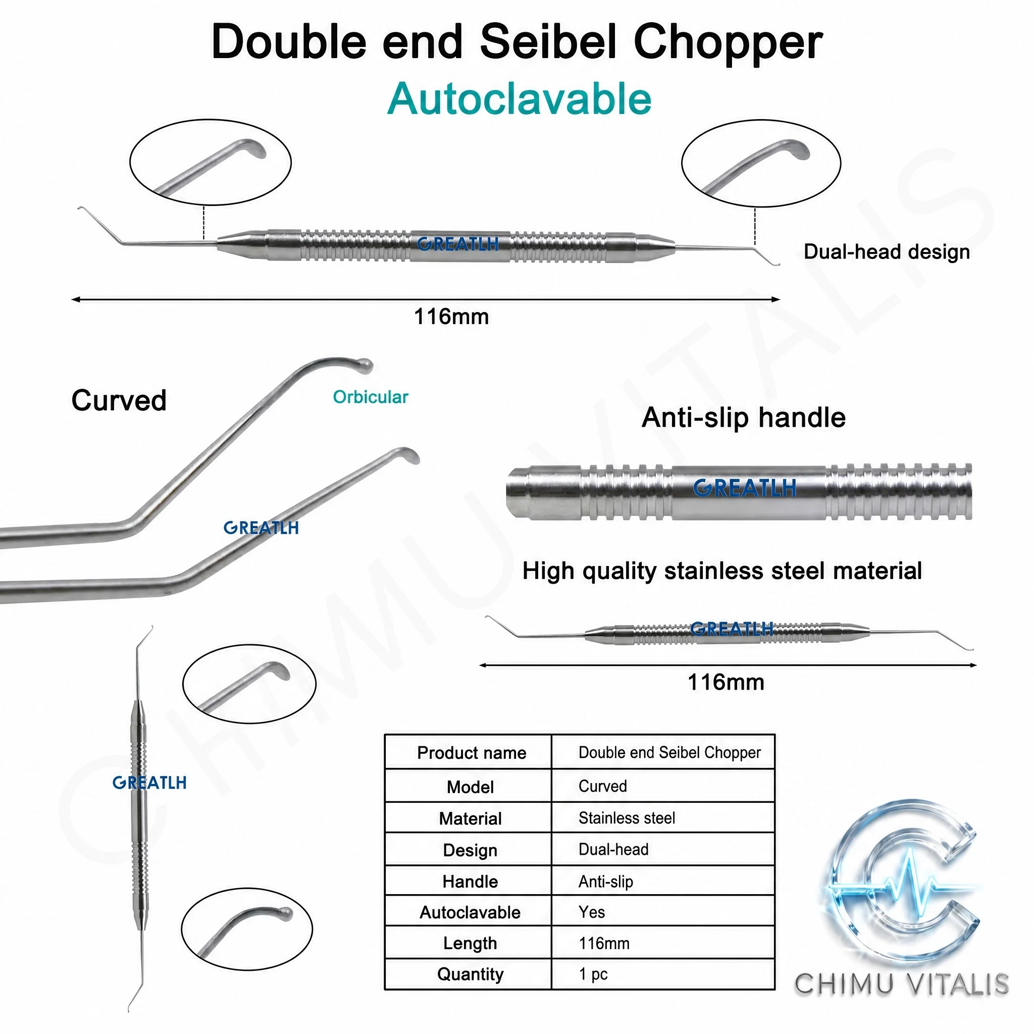 【CHIMU VITALIS】Double Head Seibel Chopper Curved Stainless Steel Ophthalmic Phaco Instrument