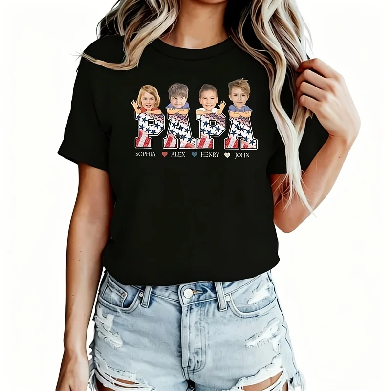 Custom Photo Papa Women's T-Shirt 100% Cotton Funny Graphic Short Sleeve Tee Novelty Shirt Casual Crew Neck Top S-5Xl