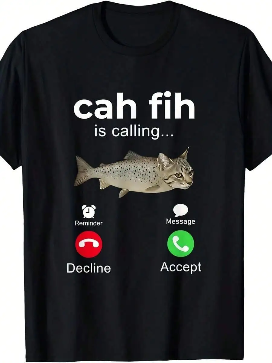 Men's Funny Cah Fih Calling Phone Call Graphic T-Shirt Accept/Decline Message Design With Fish Smartphone Icons, Round Neck Tee  100% Cotton Trendy Y2K Short-Sleeve Tee-Soft, Quick-Drying, Moisture-Wicking, Great Gift for Christmas or Halloween.