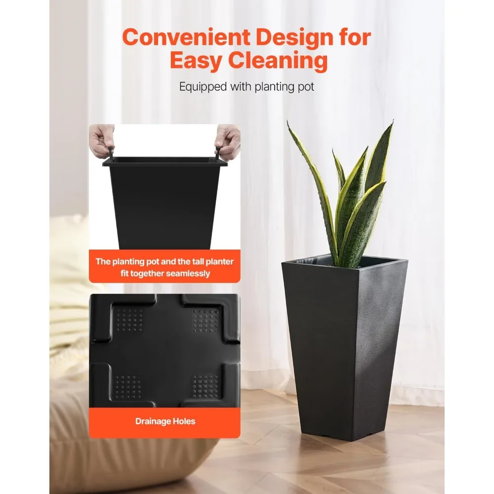 Set of 2 Tall Outdoor Planters, 22inch Large Black Modern Pots with Drainage for Indoor and Front Porch