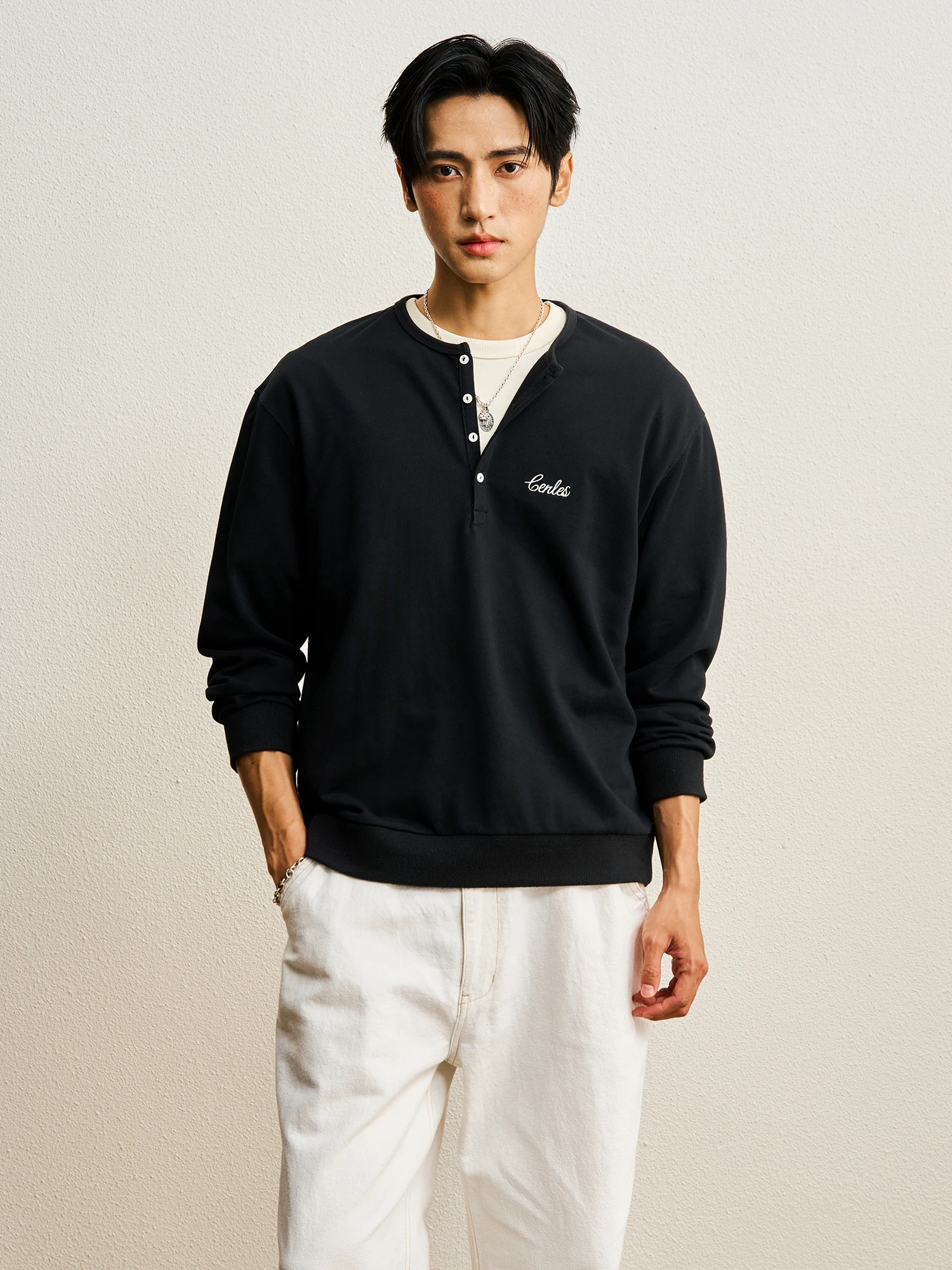 CENLES AW26 Embroidered Logo Hoodless Sweatshirt Henry Collar Long Sleeve Loose Fit  Color Casual Style Base Shirt