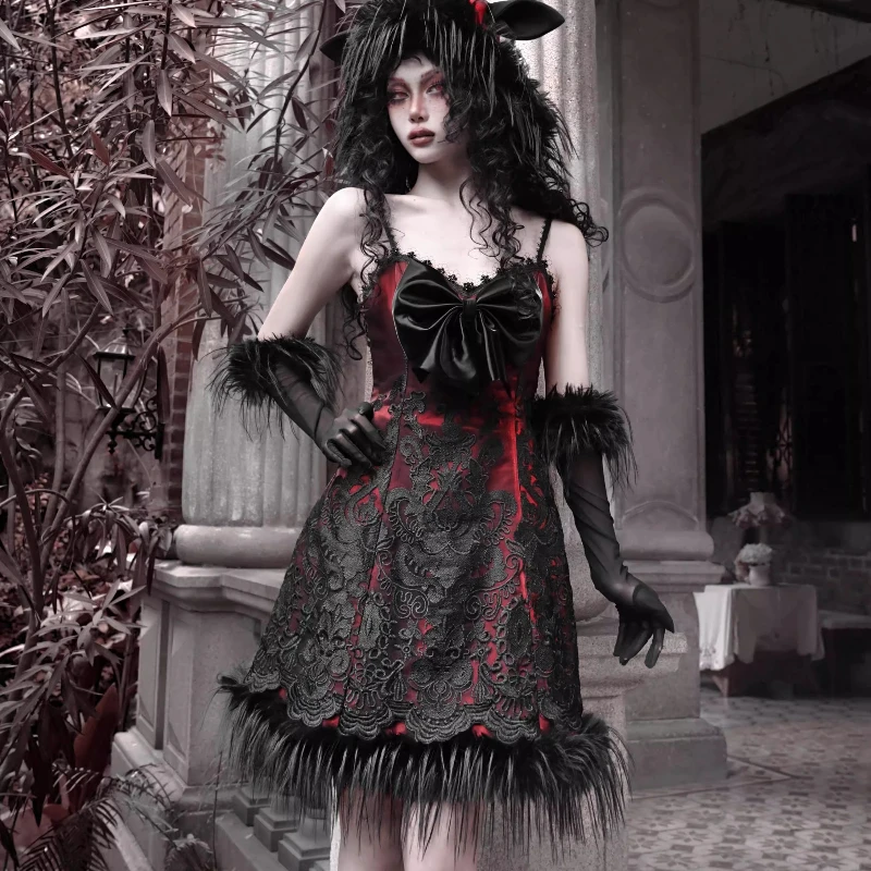 オリジナルデザインのクリスマスドレスの女性の蝶ネクタイスリムストラップハロウィンドレス女性の夏のゴシック黒赤パーティーカーニバルドレス