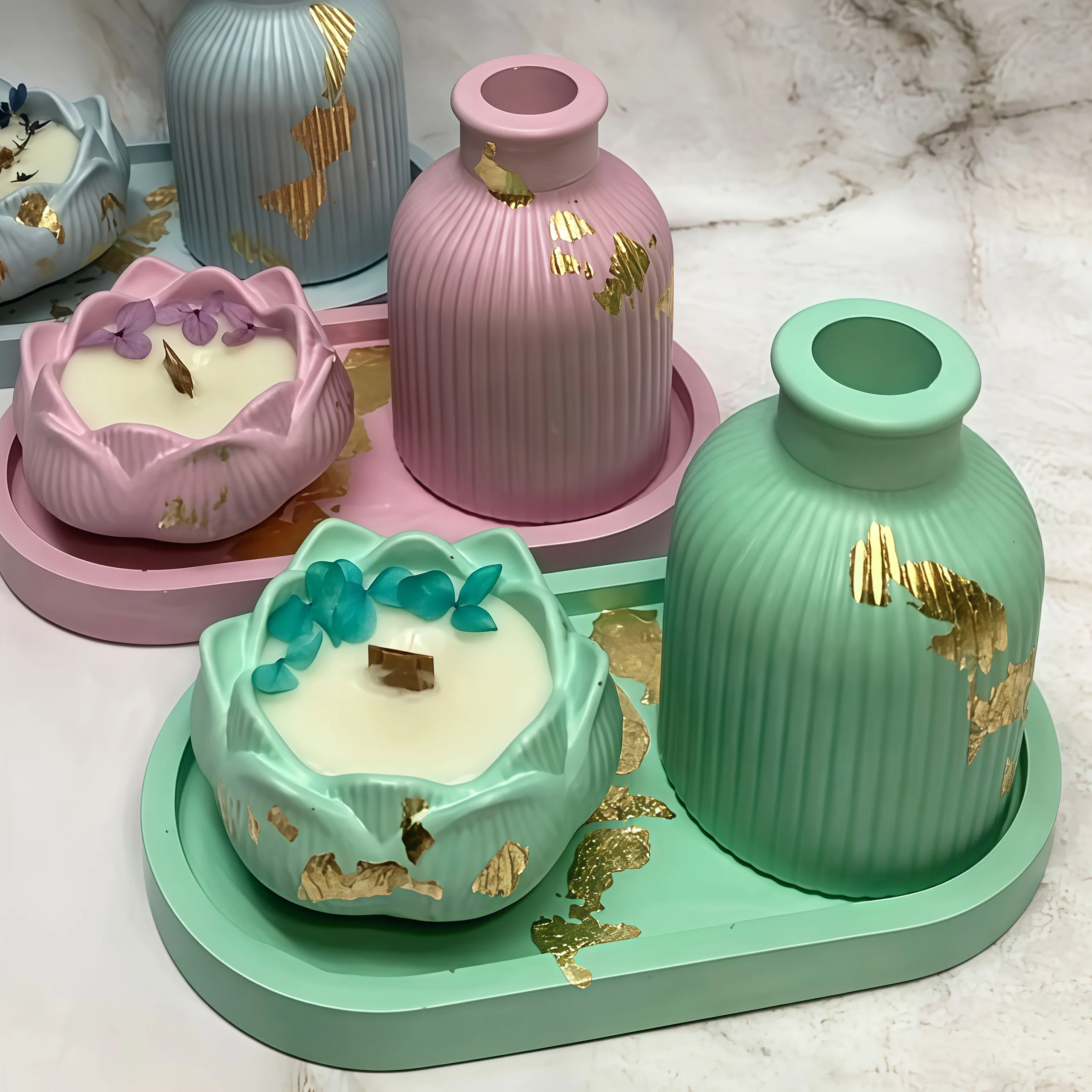 3pcs Silicone Mold Vases, Oval Coasters, 3D Lotus Mold, Storage Box, Candle Mold, European Gypsum Tray Mold view 6