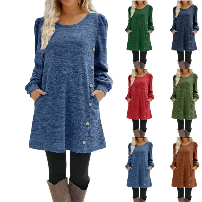Mode Frauen Rundhals Einfarbig Taste Langarm Casual Lose Kleid Vestido Feminino Kleider Für Frauen Neue 11-е