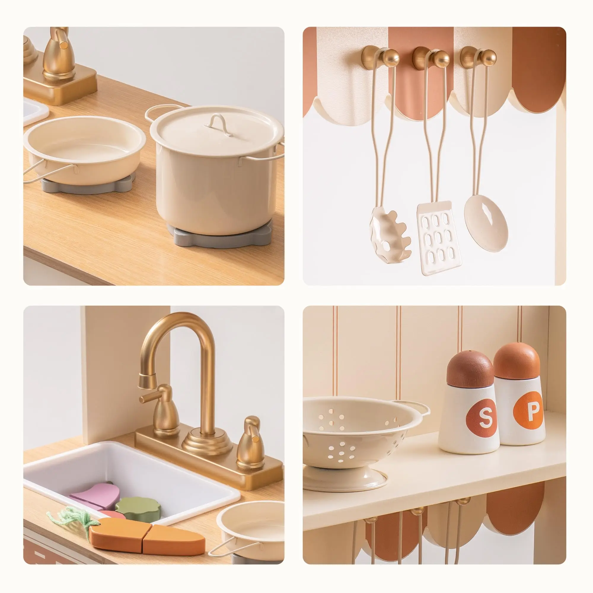 ROBOTIME Play Kitchen Set da gioco da cucina in stile vintage americano in legno con design realistico, lavello, forno, stufa, mobiletto per bambini