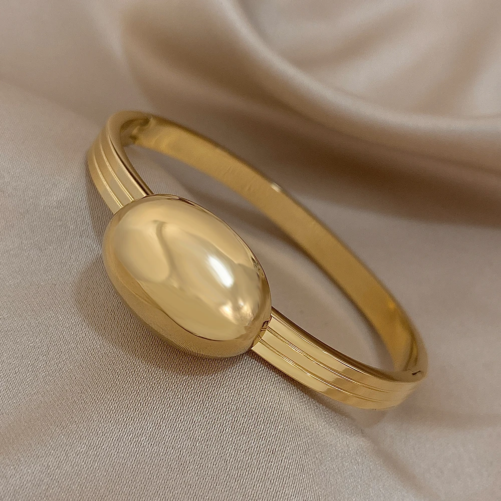 AENSOA Chunky Gold Color Oval Ball Wide Stainless Steel Open Cuff Bangles Bracelets for Women Men Punk Geometry Wrist Jewelry image 5