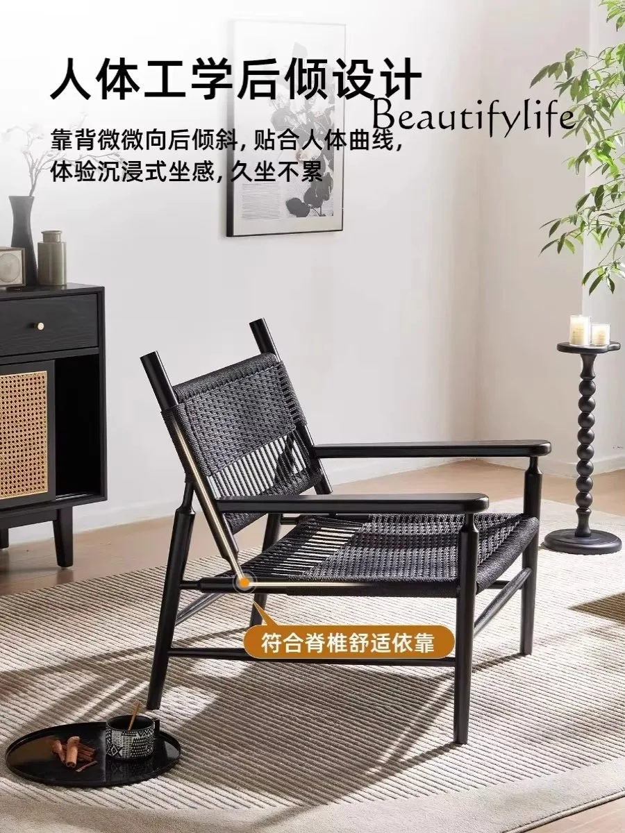 X36 Nordic Solid Wood Antique Outdoor Single Sofa Chair Simple Modern Leisure Chair Hemp Rope Weaving