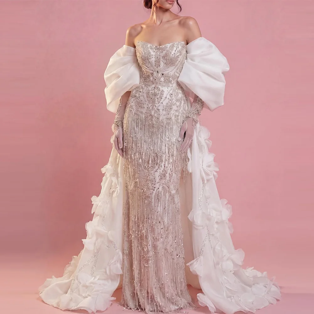 Klassisches Trägerloses Ärmelloses Partykleid mit Schal, Maßgefertigten Quasten und Kristallen, Vestido De Festa Meerjungfrau-Jersey-Abendkleid