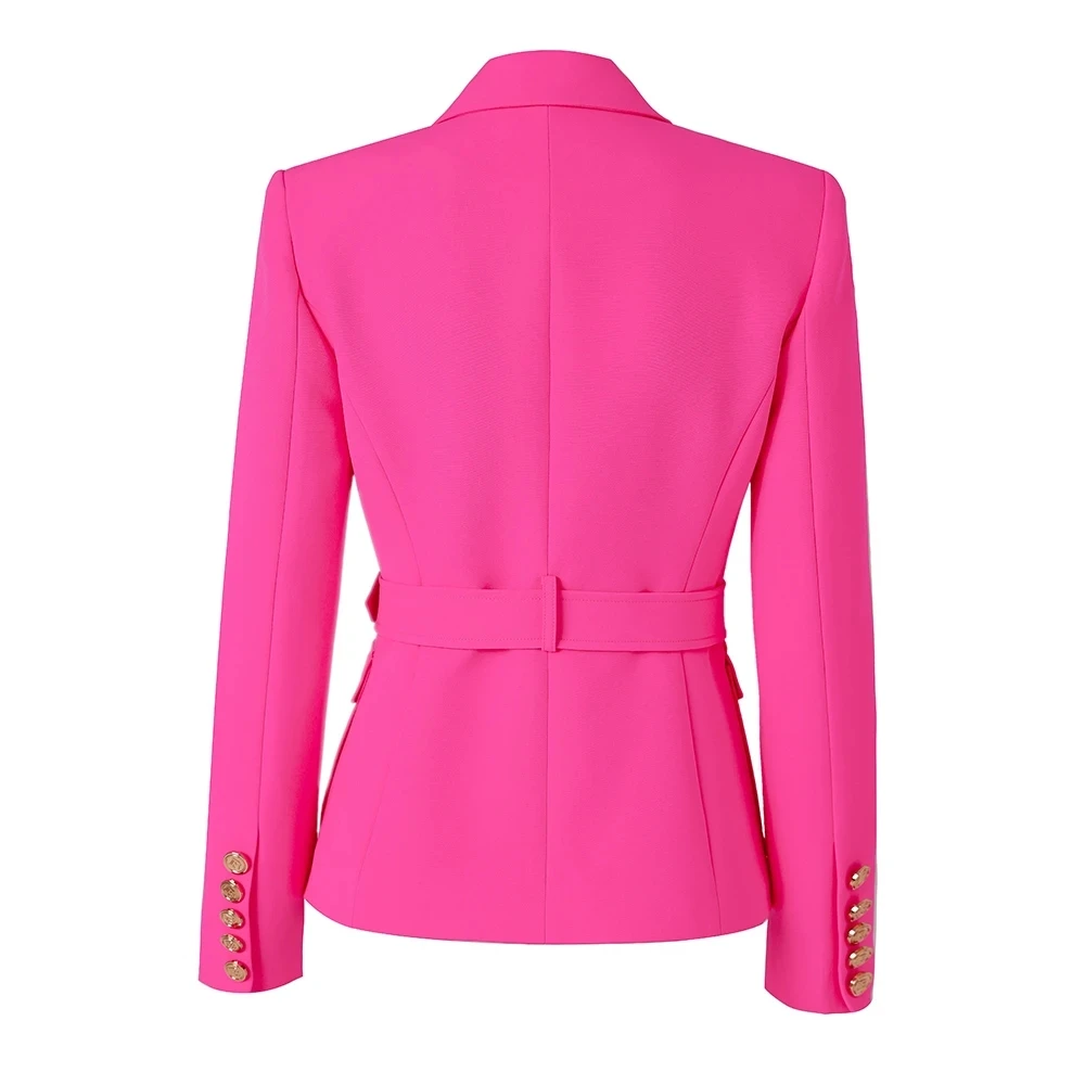 Bright Fluorescence Color Euro-american Stylish High Street Women Belt Pockets Fitness Elegant Lady Gorgeous Blazer