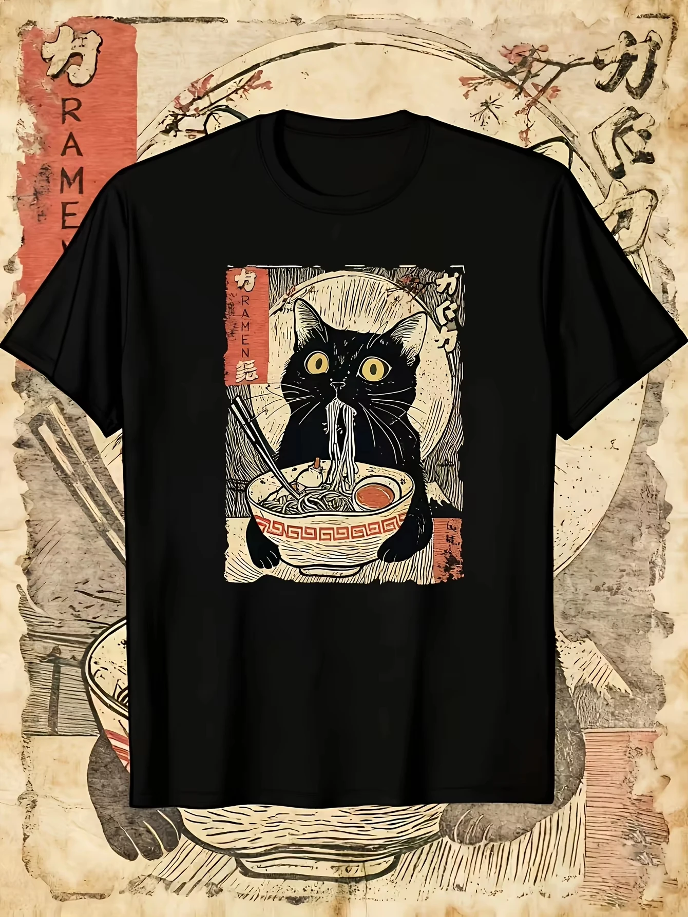 Summe Japanese Eating Ramen Pattern T-shirt Men Round Neck Short Sleeve Casual Style 100% Cotton Material Comfortabl Casual Wear