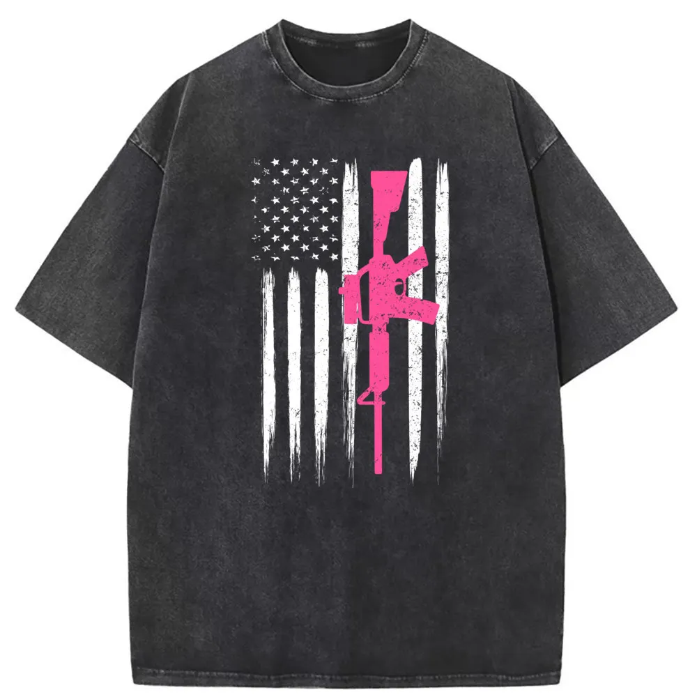 Camisetas con estampado de Rifle de Ar-15 para hombre, ropa de algodón, Retro, lisa, de gran tamaño, de manga larga, Rosa, con bandera americana