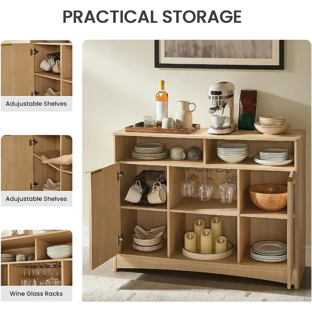 Mobile da bar con portabicchieri da vino, credenza a buffet da 47,2 pollici con ripiani regolabili, armadio portaoggetti per cucina,