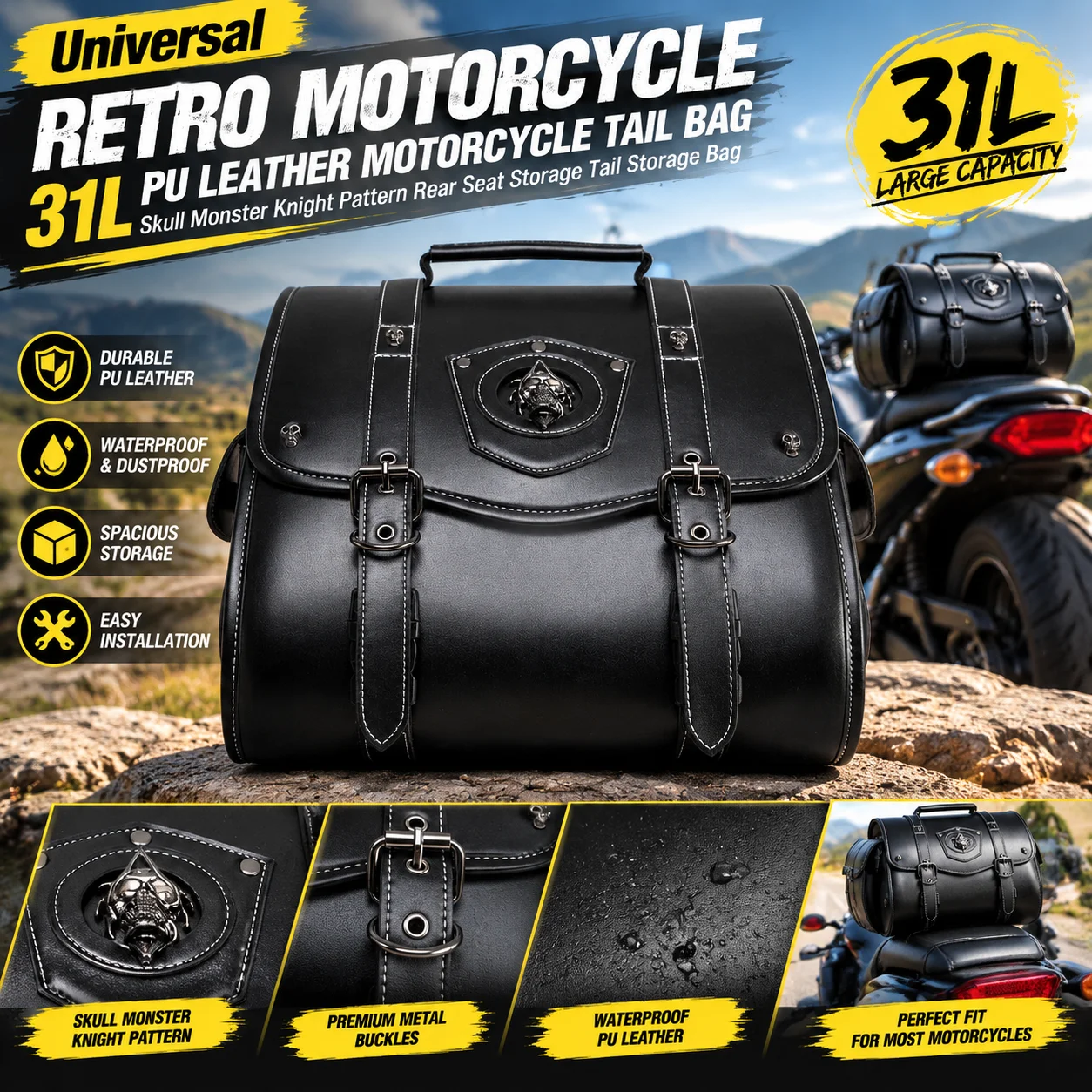 Universal Retro Motorcycle 31L PU Leather Motorcycle Tail Bag–Skull Monster Knight Pattern Rear Seat Storage Tail Storage Bag