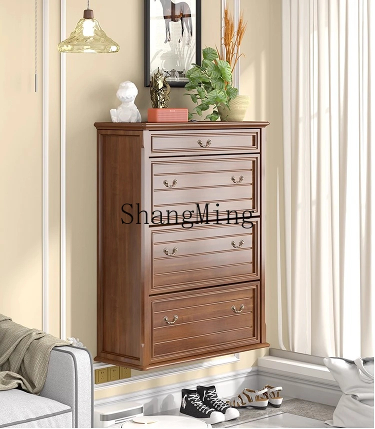 

ZYY all-solid wood retro wall-mounted small apartment tipping bucket suspended shoe cabinet