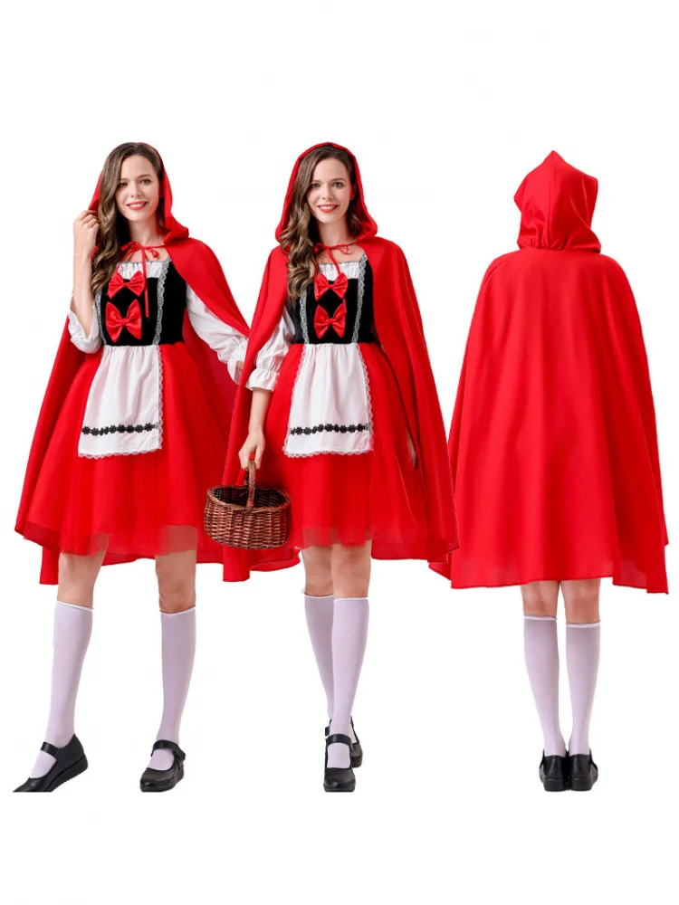 

Женский костюм Красной Шапочки для Хэллоуина, комплект для выступлений, хлопковое платье с завышенной талией
