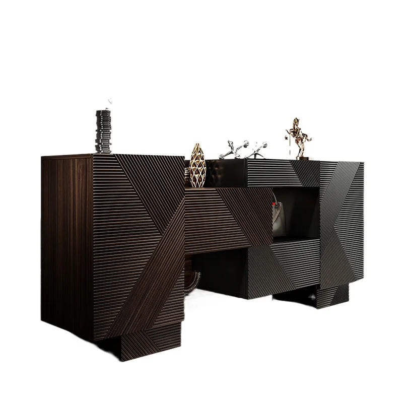

Italian light luxury walnut dining side cabinet, medieval style storage cabinet, villa entrance cabinet