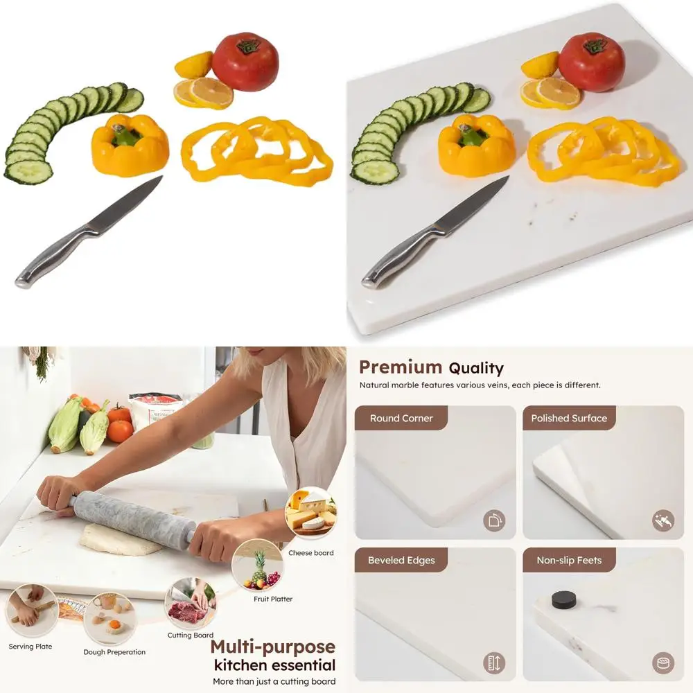 

Large White Marble Cutting Board, 16x20 with Gold Veins, Non-Slip Feet, Ideal for Kitchen Use