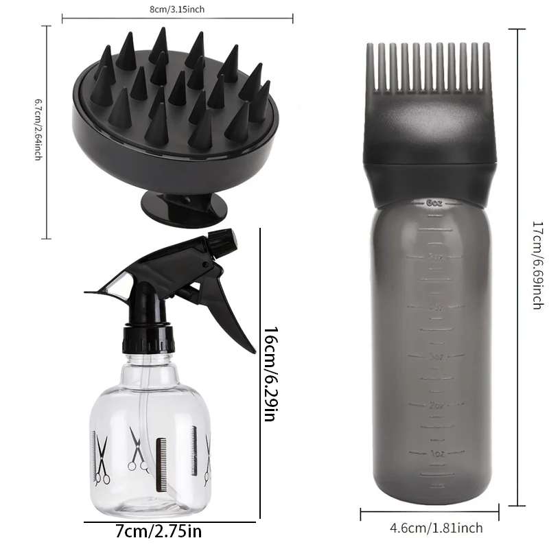 3pcs Hair Salon Tools Hair Dye Bottle Refillable Mist Sprayer Transparent Bottle Shampoo Massage Brush Hair Styling Tools Kit
