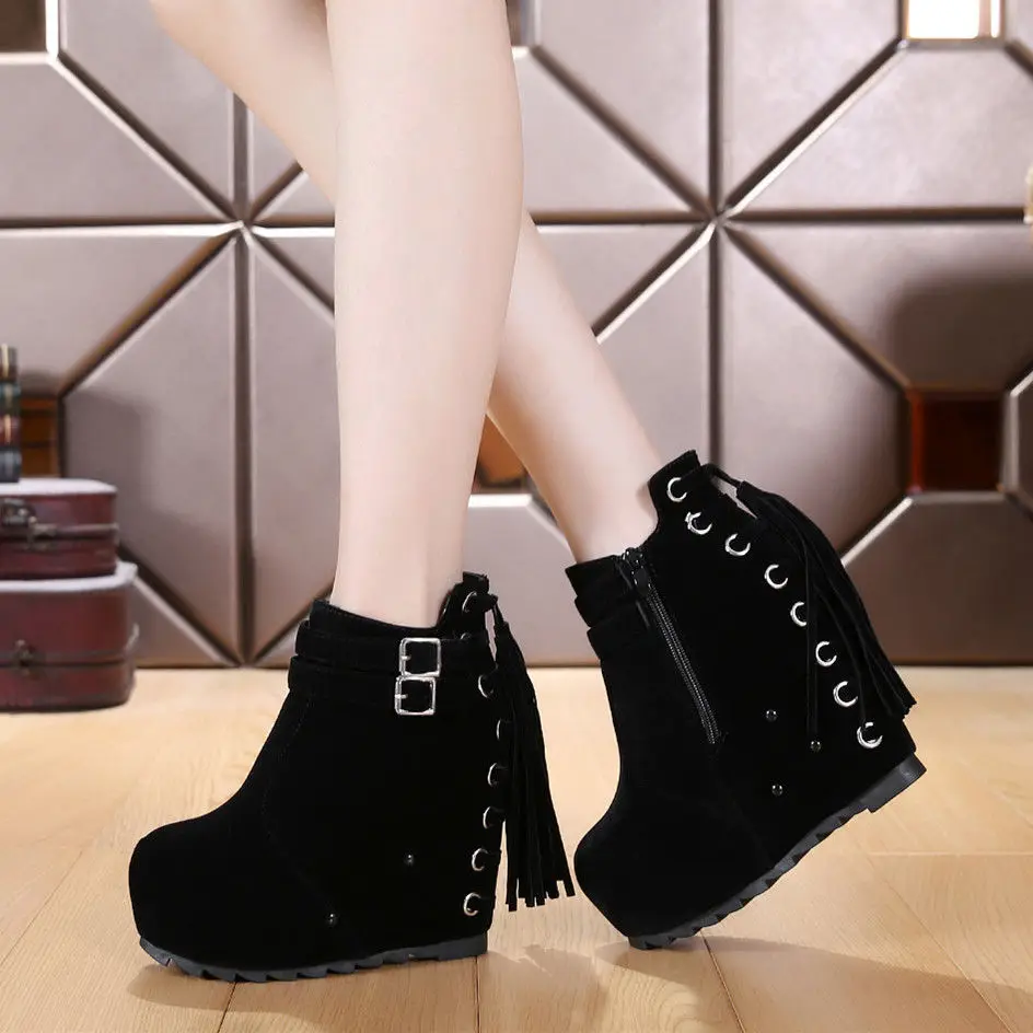 Wedge Ankle Boots Winter Warm 2024 New Tassel Shoes Lady Super High Heel Thick Sole Platform Frosted Motorcycles Boots Black