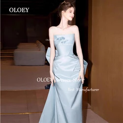 OLOEY Strapless Light Blue Mermaid Evening Dress Pleats Satin Backless Wedding Party Dress Big Bow Back Floor Length Custom Made