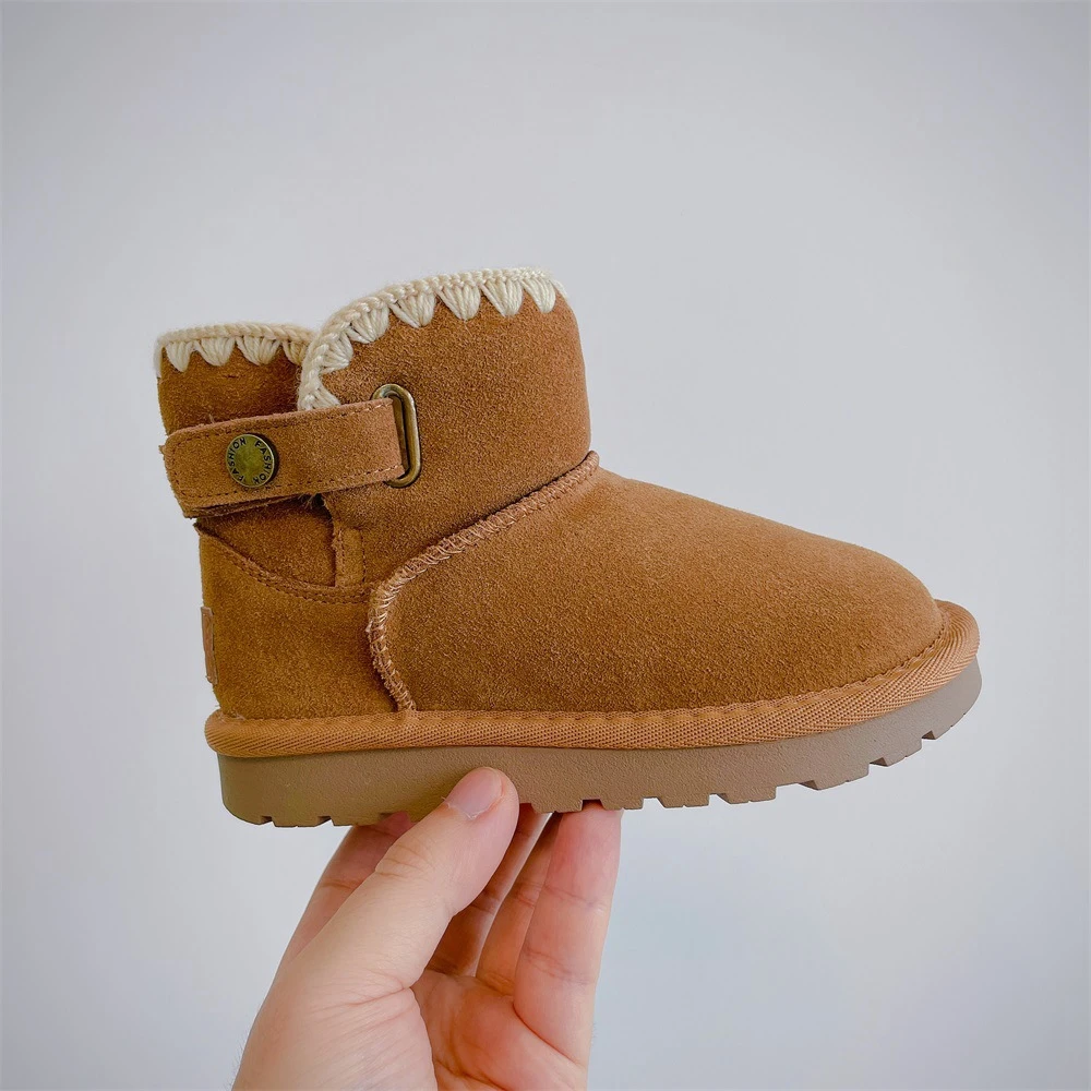 Baby Kid Infant Genuine Leather Nubuck Cotton Boots Girls Wool Lace Princess Cotton Shoes Winter Children Snow Boots Keep Warm